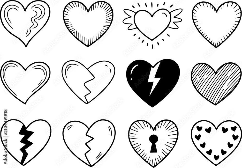 Fototapeta premium Una colección de símbolos de corazones y garabatos dibujados a mano que representan el amor, el romance y las relaciones rotas