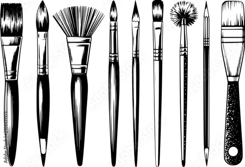 Quadro em tela Una colección de varios pinceles de artista y un lápiz ilustrados en un estilo d