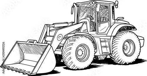 Cuadro en lienzo Una línea detallada en blanco y negro de un vehículo de construcción cargador fr