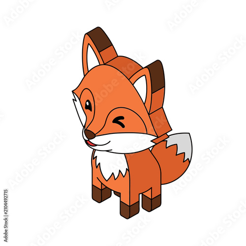 Cute isometric cartoon fox character winking on a plain white background.