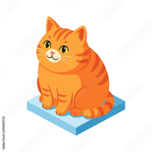 Cute cartoon illustration of a chubby orange tabby cat sitting on a blue square platform.