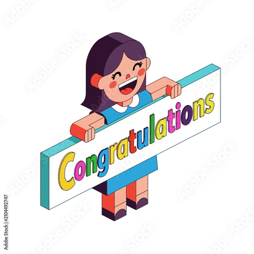 A happy young girl holding a sign with the word congratulations written on it.