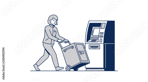 Bild auf Leinwand Woman with Trolley Bag at ATM Machine - Financial Transaction Concept