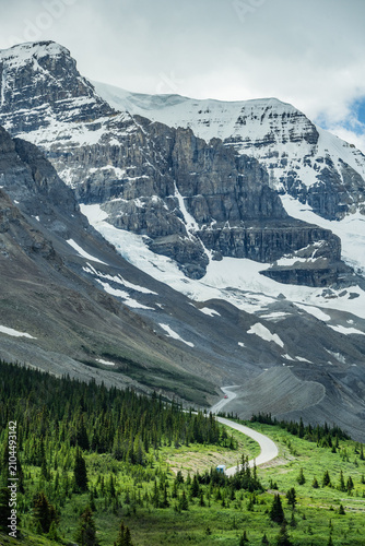 Winding Road and Majestic Rocky Mountains on Icefields Parkway, Canada