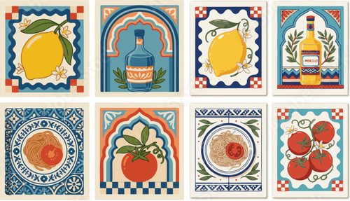 Set of eight mediterranean tile featuring lemons, limoncello bottles, spaghetti with tomatoes, and floral patterns
