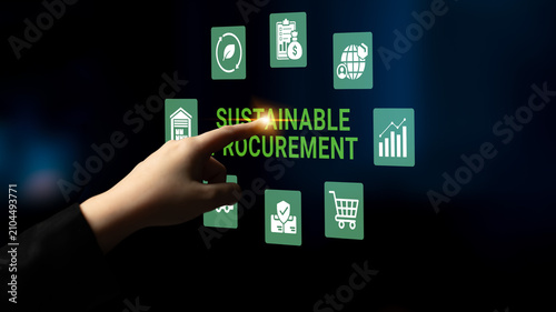 Billede på lærred A hand interacts with a digital interface showcasing sustainable procurement concepts, emphasizing eco-friendly practices in modern business strategy for a greener future
