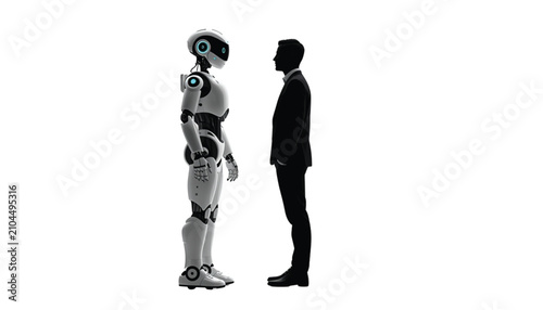 Businessman stands face to face with an advanced humanoid robot to represent the growing intersection of human intelligence and artificial technology in the modern professional workplace environment.