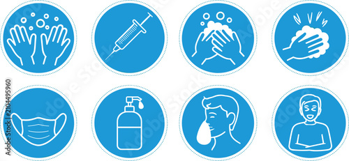 Tableau sur toile Set of eight blue circular depicting hygiene, health, and safety measures, inclu