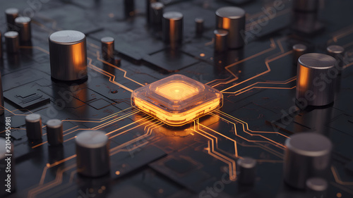 Closeup of a glowing central processing unit on a dark circuit board with golden data pathways and metallic components