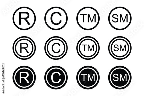 Set of twelve intellectual property symbols including registered trademark, copyright, trademark, and service mark in black and white circular