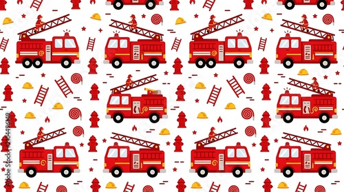 Seamless pattern with fire trucks firefighters and rescue equipment