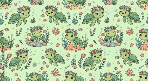 Seamless pattern with cute sea turtles wearing flower crowns