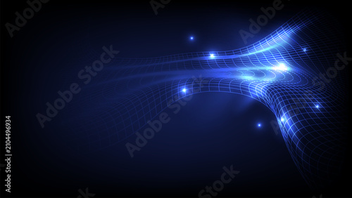 Abstract technology background with flowing wave lines, blue gradient, hexagon pattern, digital network, communication, and futuristic design for modern business and technology