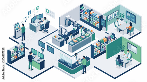 Modern office workspace with diverse professionals and technology.