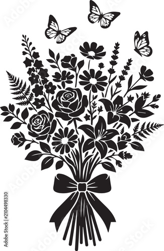 Lush flower bouquet silhouette with tied bow and elegant butterflies and roses and lilies and ferns in a traditional composition.