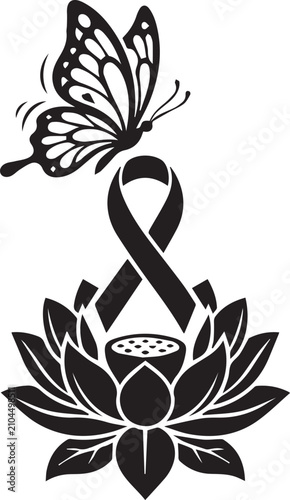 Awareness ribbon symbol with lotus flower and butterfly silhouette design for memorial tribute or cancer support graphics.