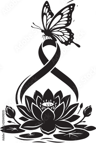 Elegant butterfly perched on awareness ribbon with lotus flower base memorial graphic for sympathy and support illustration.