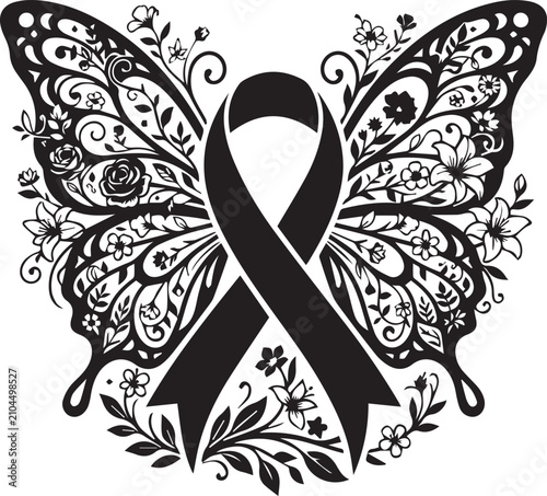 Ornate butterfly wings with floral elements and awareness ribbon silhouette for memorial support and decorative graphic arts.