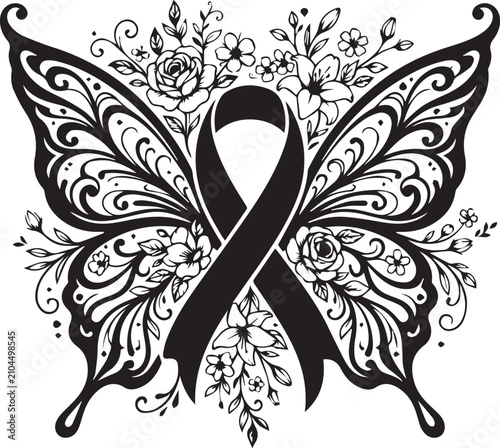 Butterfly wings shaped by decorative flowers and awareness ribbon design for memorial tribute or cancer support project.