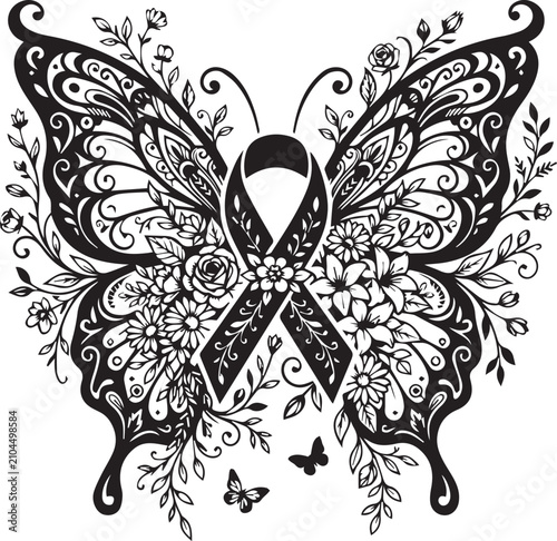 Intricate butterfly silhouette with awareness ribbon and lush flower bouquet for breast cancer support and memorial vector designs.