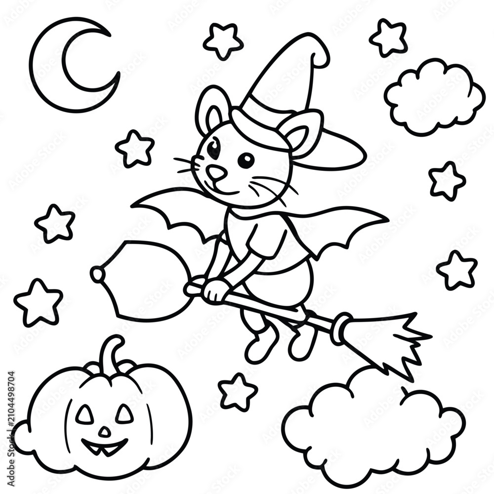 Fototapeta premium Cute Little Mouse Witch Flying on a Broomstick at Night for a Fun Halloween Coloring Page Activity