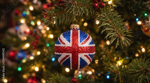 United kingdom flag ornament hanging on a festive christmas tree with glowing lights in the background