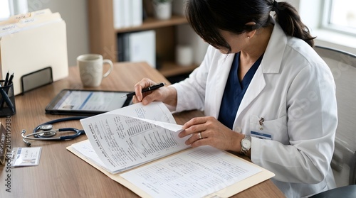 A female physician in a white coat reviewing patient medical documents at a wooden office desk with health care physician healthcare