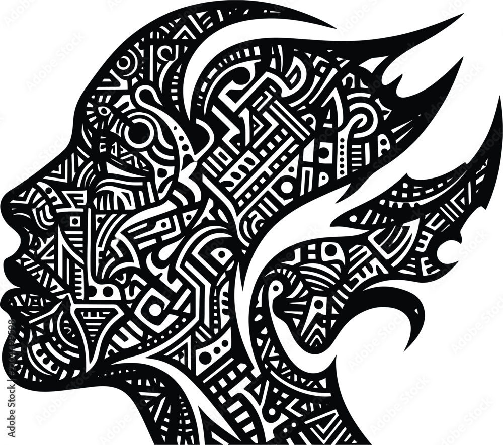 Fototapeta premium Intricate face profile silhouette with ornamental pattern details on transparent background head human