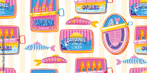 Seamless pattern with colorful sardine tins and cute canned fish on striped background. Bright retro seafood design for fabric, wrapping paper, wallpaper, textiles, packaging and kitchen decor.