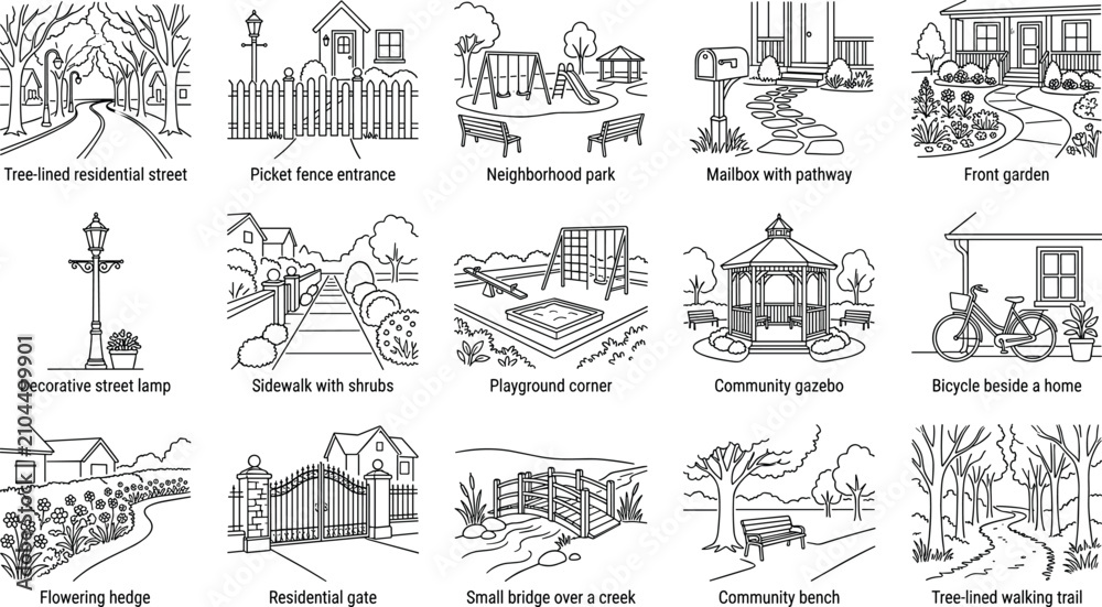Fototapeta premium Neighborhood Landscape Line Art Collection with Residential Streets, Parks and Community Outdoor Outline Illustrations