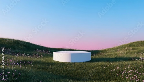 Blank white product display podium on a grassy hill at sunset with platform minimalist advertising marketing