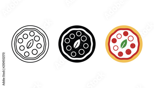 Foto Pizza icon set with leaf garnish in line art solid black and flat color styles f