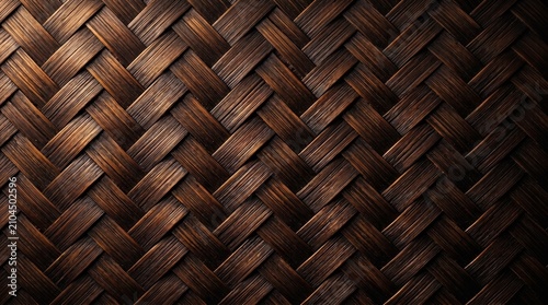 Close-up texture of dark brown woven bamboo strips in traditional diagonal pattern background horizontal