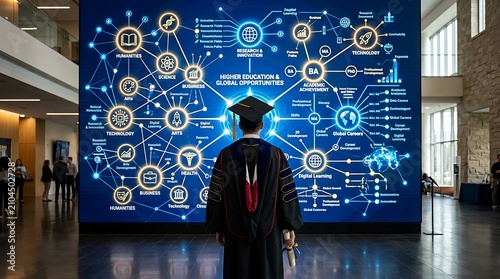 Graduate student looking at a large digital screen with higher education and global opportunities network map