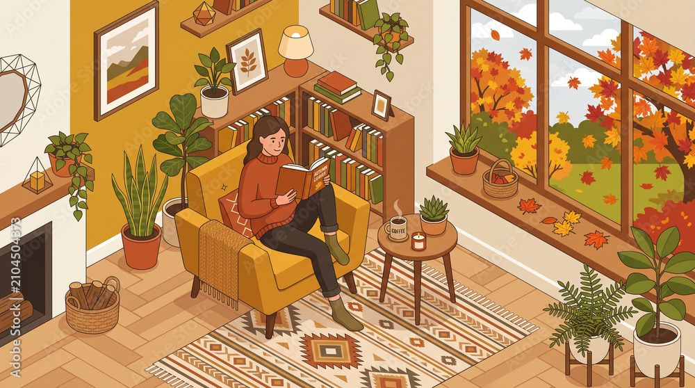 Fototapeta premium Isometric vector illustration of a cozy autumn living room with a young woman reading a book in a yellow armchair next to a window and fireplace.