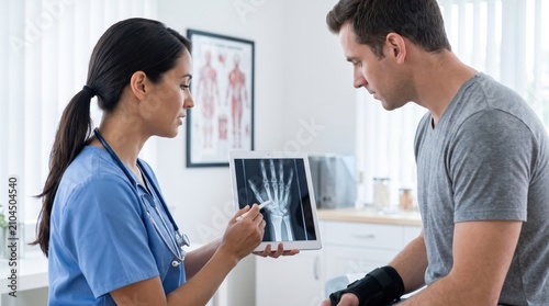Female doctor in scrubs points at a hand X-ray on a tablet while consulting an injured man wearing a wrist brace in a clinic room