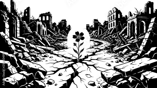 Hope Flower in Ruined Urban Landscape Vector