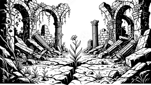 Flower Growing Inside Ancient Ruins Vector Illustration