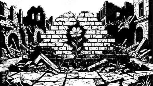 Flower Emerging From Cracked Brick Wall Vector