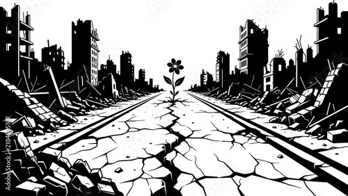Single Flower Growing Through Broken City Road Vector