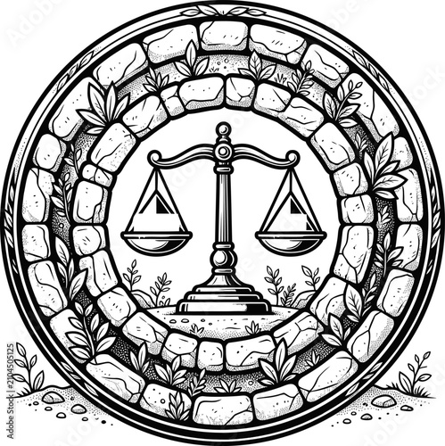 Scales of Justice Inside Stone Circle Vector