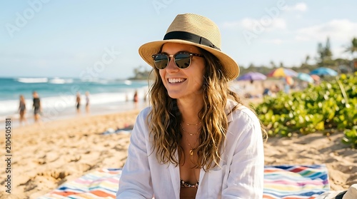 Happy young woman wearing a straw hat and sunglasses sitting on a sunny tropical beach during her summer vacation