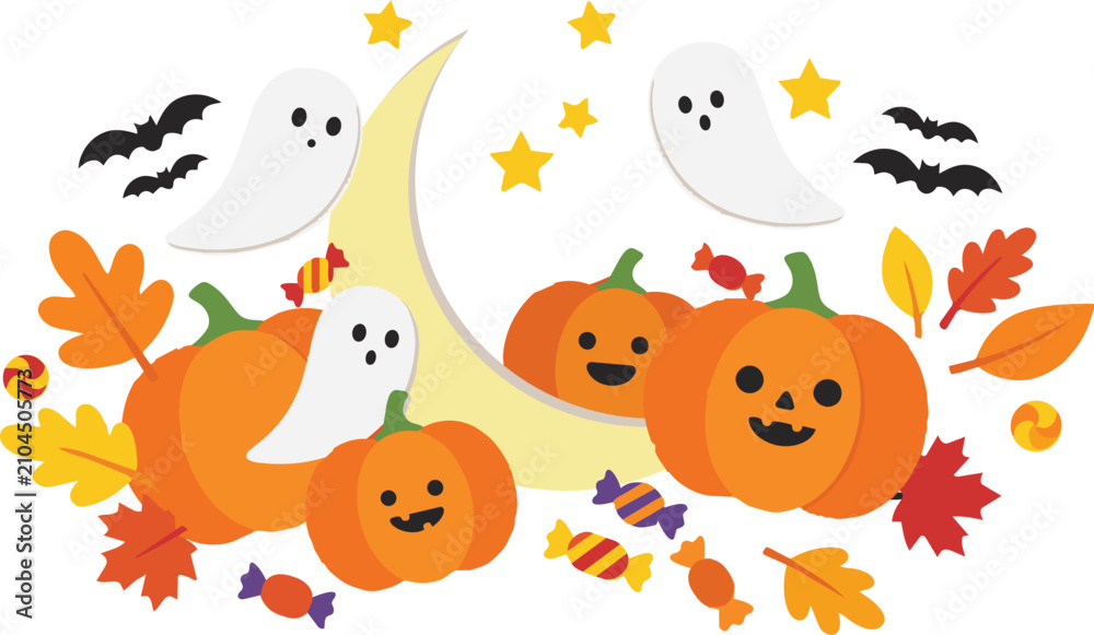 Fototapeta premium cute halloween pumpkin ghost vector with autumn leaves moon bats festive seasonal illustration
