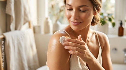 Young woman applying moisturizing lotion or sunscreen cream on her shoulder in a bright and sunny bathroom setting