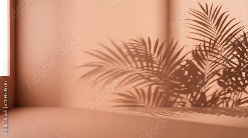 Soft palm leaf shadow cast on a warm beige wall creating a peaceful and minimalist interior room aesthetic atmosphere