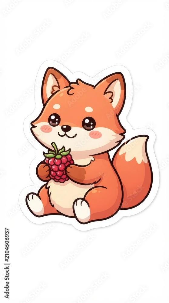 Fototapeta premium Cute cartoon fox holding a raspberry