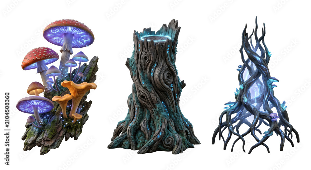 Fototapeta premium Fantasy magical glowing mushrooms and tree stumps