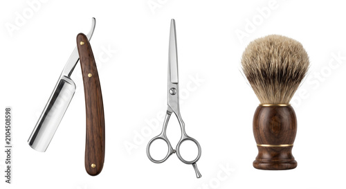 Fotografía Barber shop accessories set with razor scissors brush