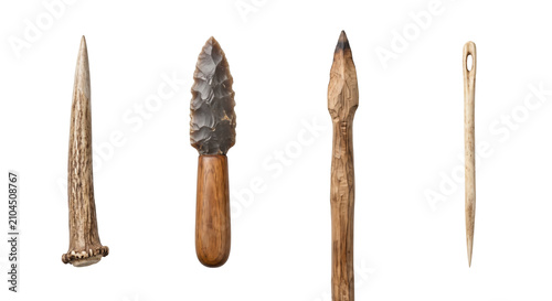 Canvastavla Ancient prehistoric stone bone and wooden tools set