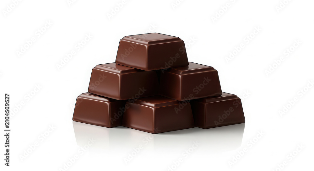 Fototapeta premium Stack of chocolate cubes with rich cocoa texture. Dark chocolate blocks arranged in pyramid shape for gourmet presentation.